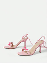 2024 New Spring/Summer Women's High Heel Sandals In Sweet Pink, Stiletto Heel, Floral Decorations Vacation Shoes